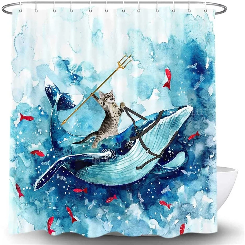 

Dog Reading the Newspaper On Toilet Cat Riding Whale Ocean Wave Fish Hilarious Shower Curtain Set For Bathroom With 12 Hooks