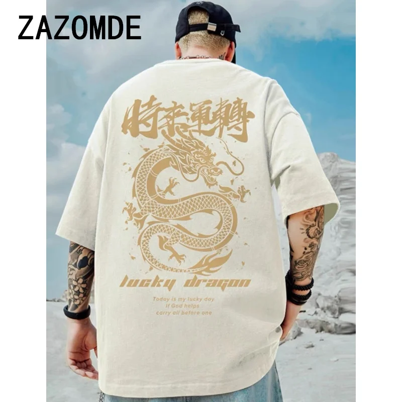 

ZAZOMDE Loong Print Men T-shirt Chinese Style T shirts Clothes Hip Hop Short Sleeve Cotton Tee Harajuku Daily High Quality Tops