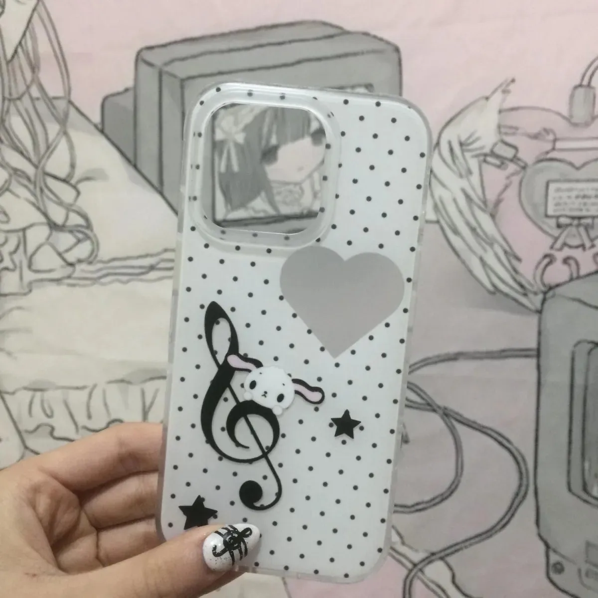 Korean Music Black Polka Dots Feather Texture Phone Case