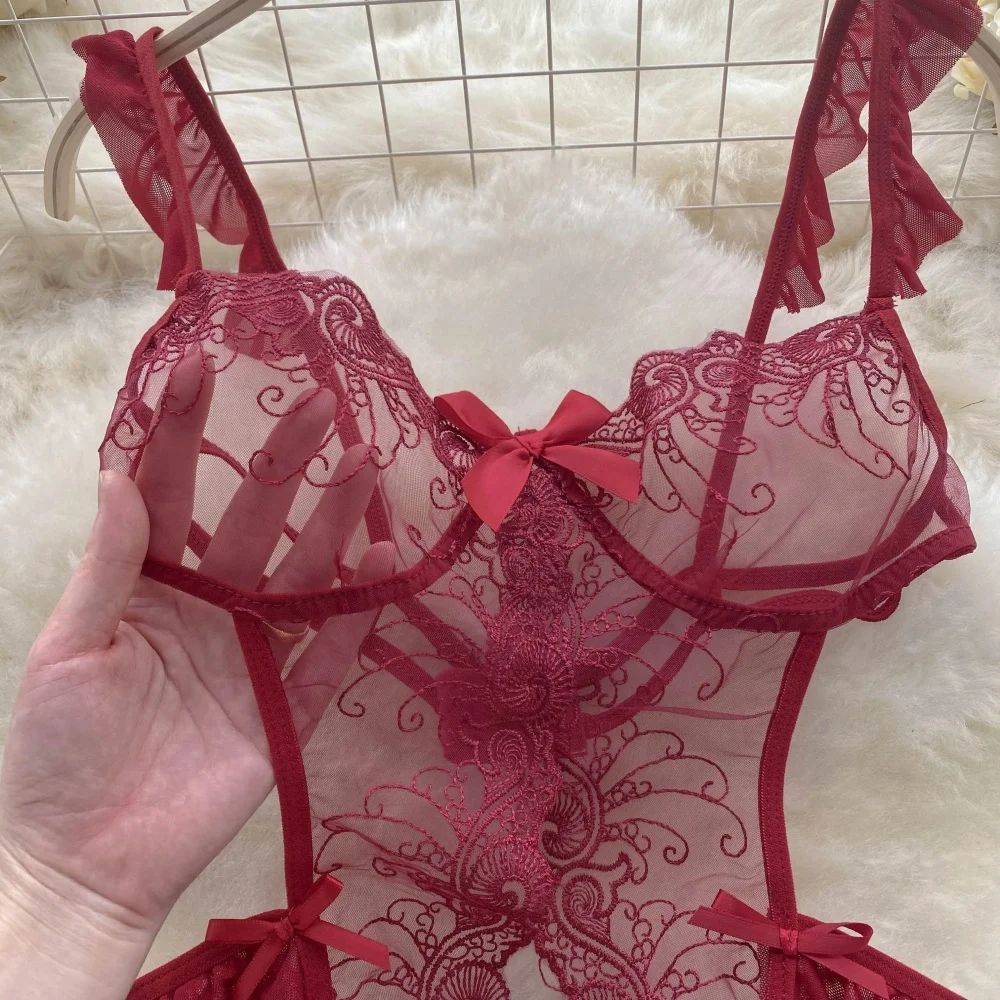 Transparent Lace Ruffle Strap Playsuit One Piece Backless Open Crotch Slim Fit Sexy Women's Pajamas Lingerie Bow New Mini Skirt