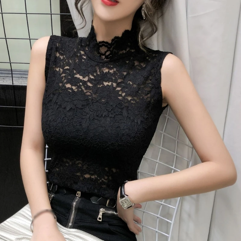 Women T-Shirts Sexy Turtleneck Lace Fitted for Tank Top Slim Fit Tunic Bottoming - 2