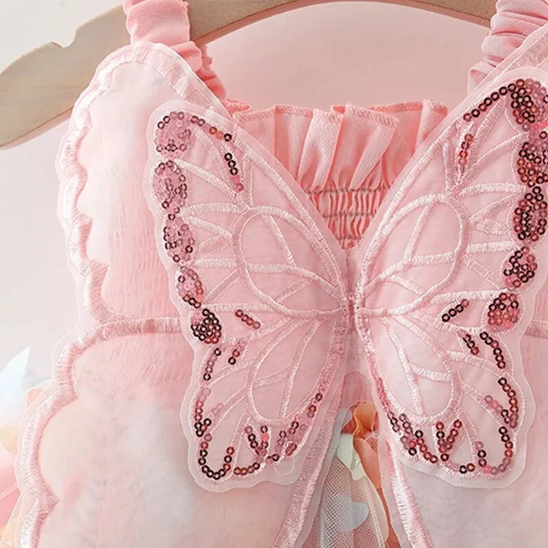 Girls' Summer Dress Large Butterfly Wings Back Drawstring Waist Mesh Colorful Butterfly Princess Dress Party girls dress