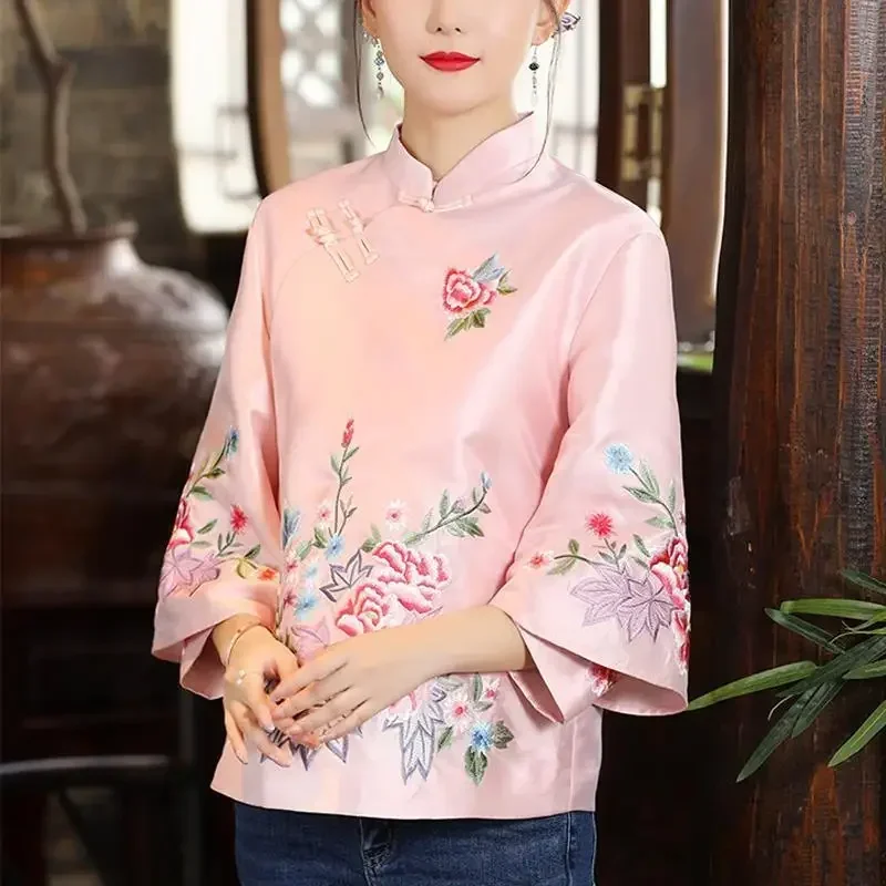 Blouse Eleganti Loose Female Shirt women chinese shirt Autumn Ethnic Style Tang Suit Coat Vintage Harajuku Embroidery Chinese Tops Women
