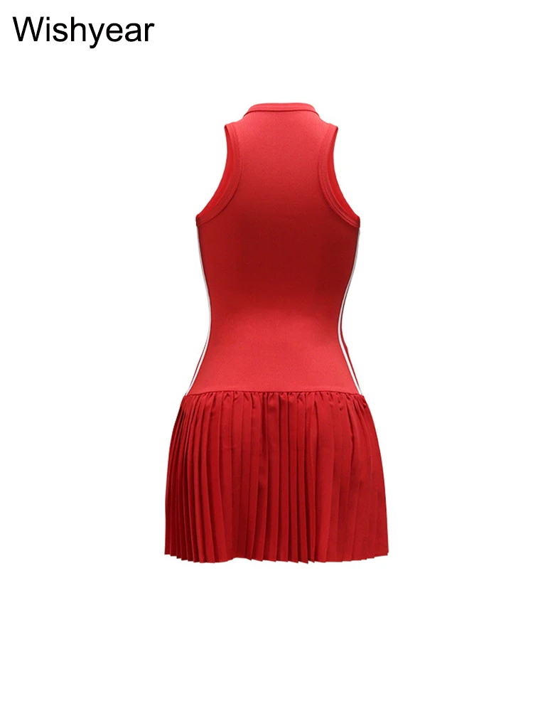 New Fashion O-neck Sleeveless Side Striped Ribbed Pleated Mini Dress for Women Sexy Slim Night Club Tank Summer Birthday Robe 6