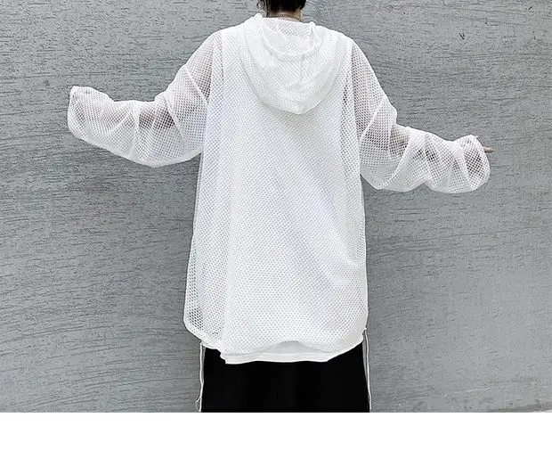 2024 Summer Dark Hollowed Out Mesh Hoodies T-shirt For Men Women Long Sleeves Loose Hooded Mesh Transparent Shirts