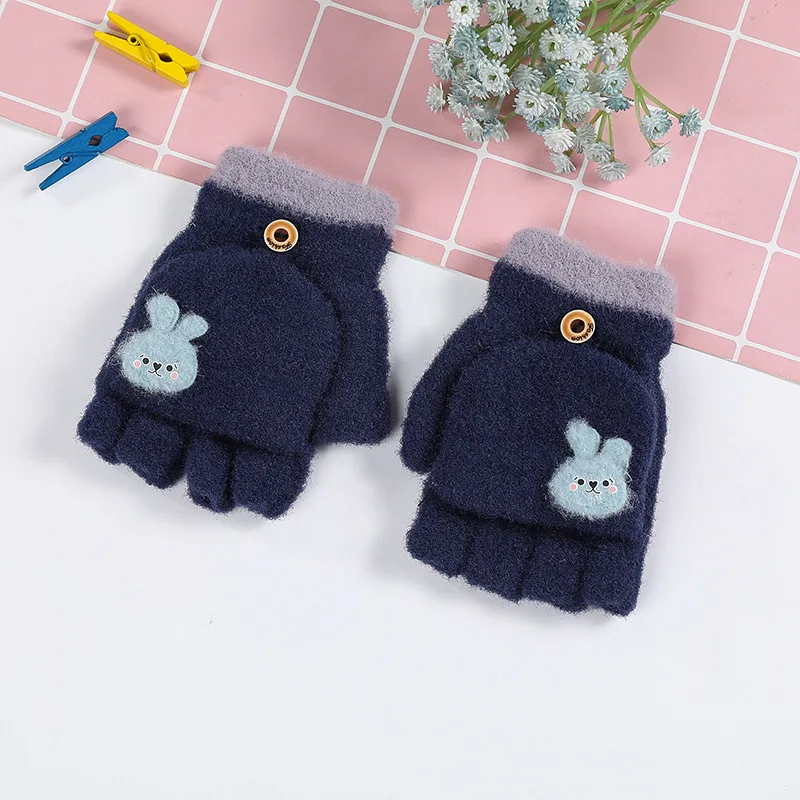 3-8 Year Old Winter Children's Plush Contrasting Rabbit Gloves Student Writing Half Finger Baby Cartoon Gloves