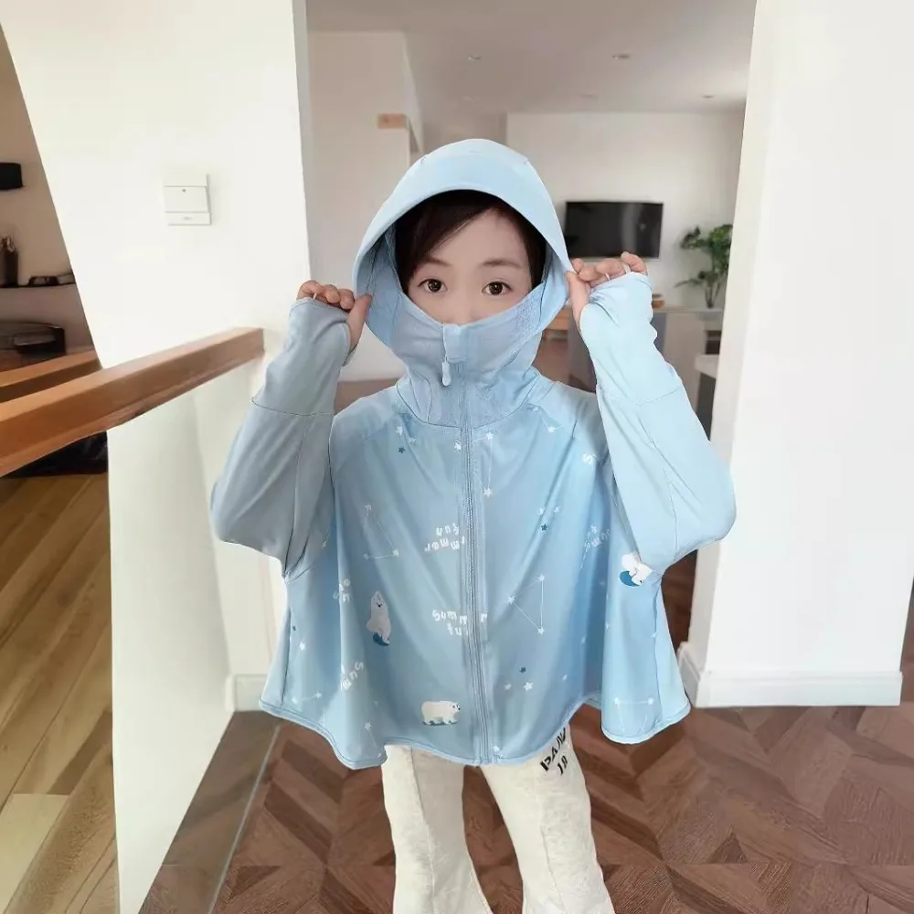 Description Picture 4 of itemHat Kids Sunscreen Hoodie with Mask Veil Long Sleeve Arm Sleeves Children Sun Protection Clothing Crop Top Thin