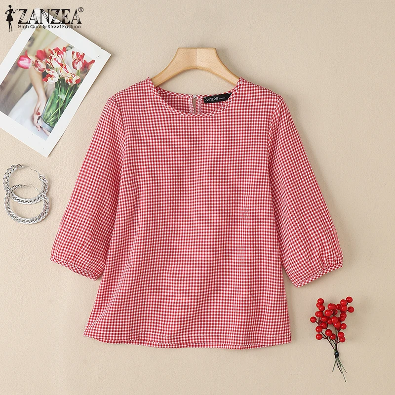 Herbst Sommer Gestreiftes Hemd Frauen Elegante 3/4 Hülse Arbeit Bluse 2025, ZANZEA Casual O Neck Blusas Weibliche Chemise Frau Tops – Detail 9