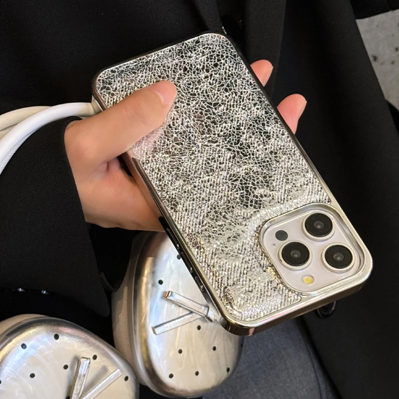 Luxury Stylish Wrinkle Leather Electroplated Phone Case with Shockproof Back Cover