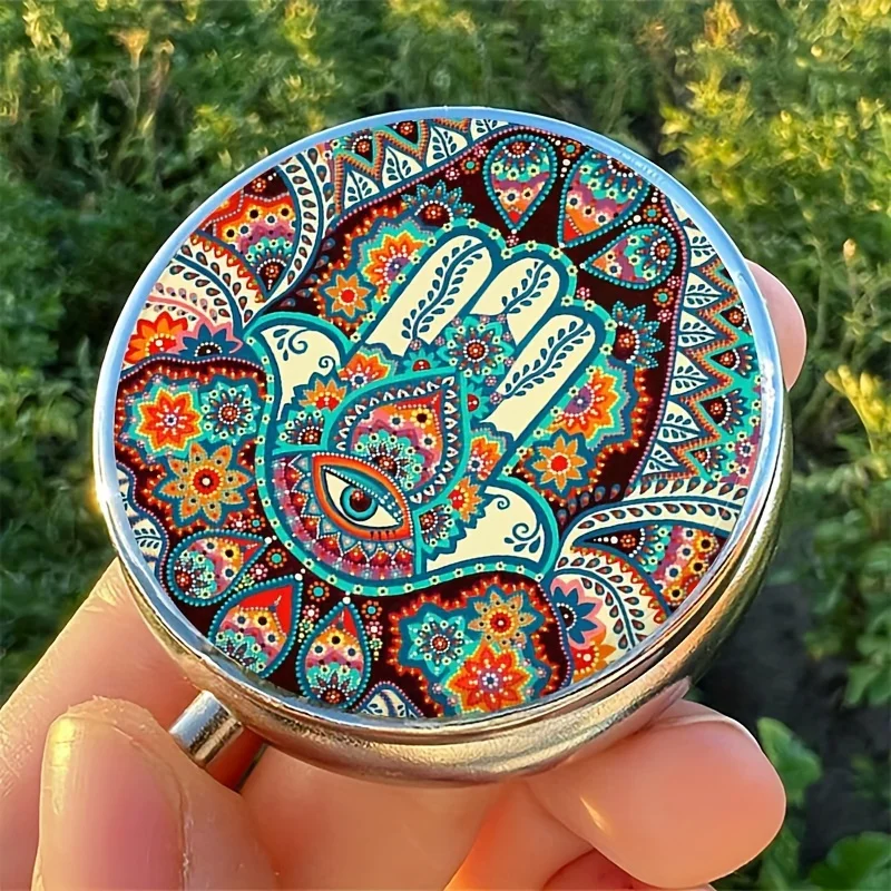 Hamsa Hand Cartoon Theme Mini Pill Box-3 Grid Medicine Organizer,Portable Compact Travel Only,Gift Small Pill Box for Wallet