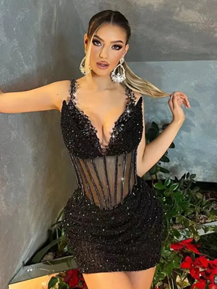 

Summer Women Luxury Sexy Strap V-neck Beaded Sequin Mesh Perspective Black Mini Tight Dress Elegant Evening Club Bar Dress