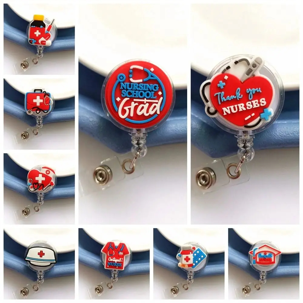 

ID Card Holder Nurse Badge Reel Work Card Name Tag Easy Pull Buckle PVC Cartoon Retractable Badge Holder Office School Supplies