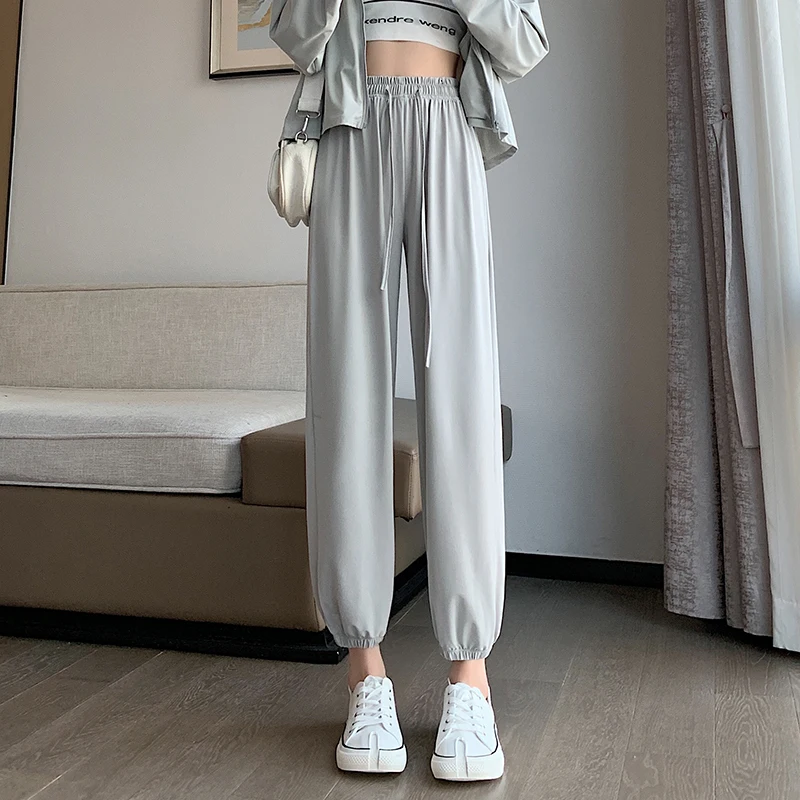 Women's Spring Autumn Elastic High Waisted Drawstring Casual Sports Pockets Solid Harlan Lantern Tie Trousers Sweet Pants