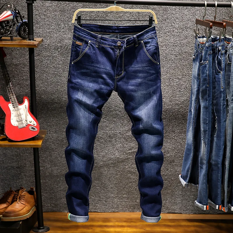 

Stretch Slim Fit Jeans Men Mid-rise Regular Bleached Fashion Summer Spring Solid Washed Casual Denim Long Leg Pants
