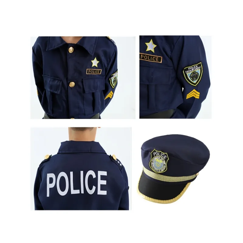 Costume da ufficiale di polizia di Halloween per bambini Ragazzi America Set di polizia Camicia Pantaloni Cappello Cintura Fischio Fondina per pistola Walkie Talkie Poliziotto Set  200000532