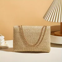 Woven Straw Handwoven Women's Shoulder Bag, Fashion Solid Color Crossbody Purse with Lock Closure 4