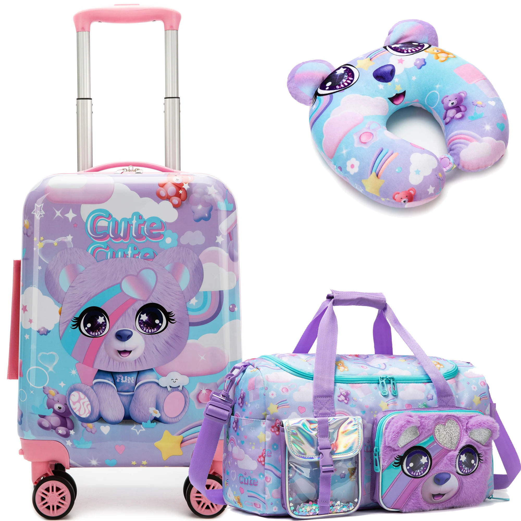 Rolling Luggage Cute Purple Suitcase Cat Suitcase For Girls, 18