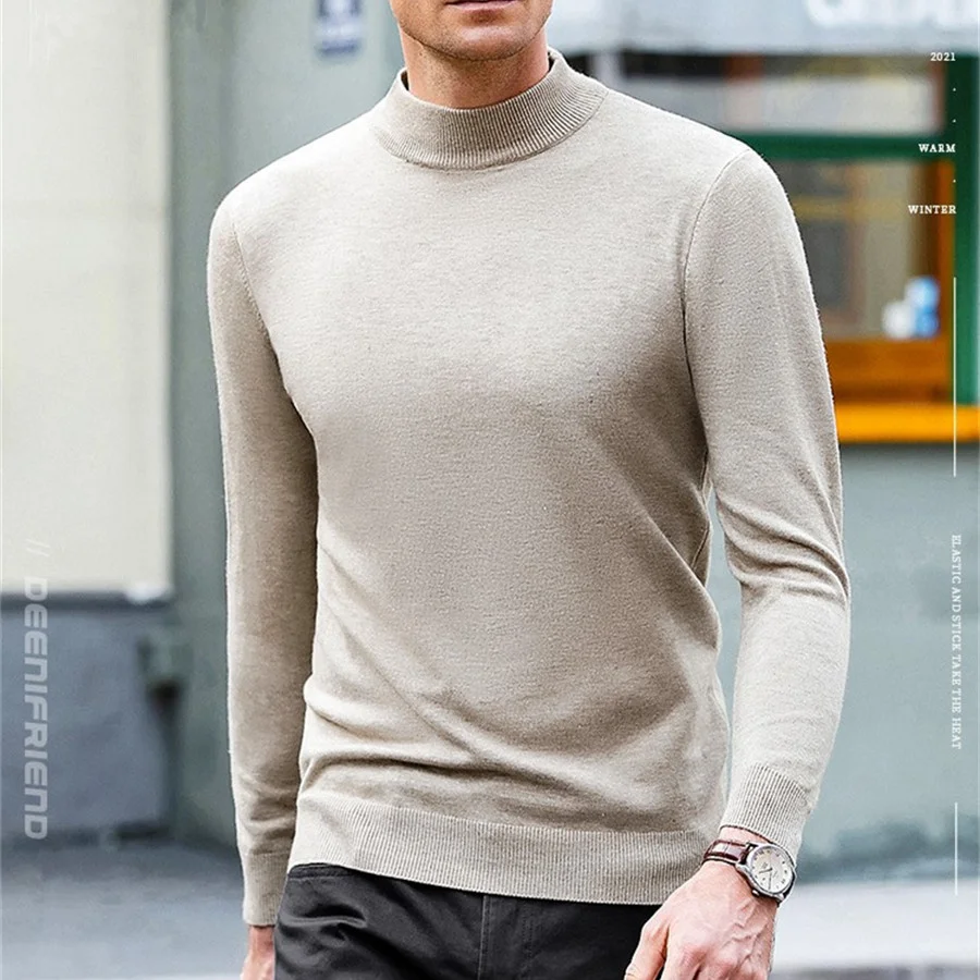 Men\'s Mock Neck 100% Woolen Sweater Autumn Winter Soft Cashmere Knitwear Men Pullover Knitted Warm Sweaters Solid Slim Tops