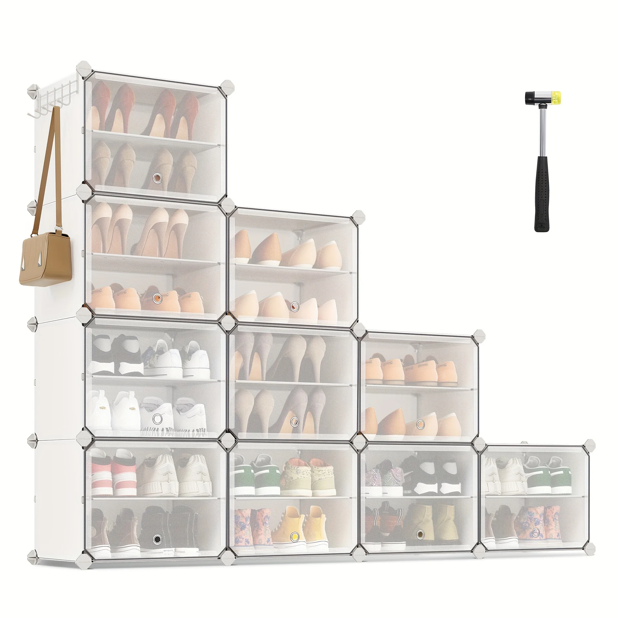 

1pc Shoe Rack, 10 Cubes Shoe Organizer With Doors, 40 Pair Plastic Shoe Storage Cabinet, For Bedroom, Entryway, Steel Frame, Pl