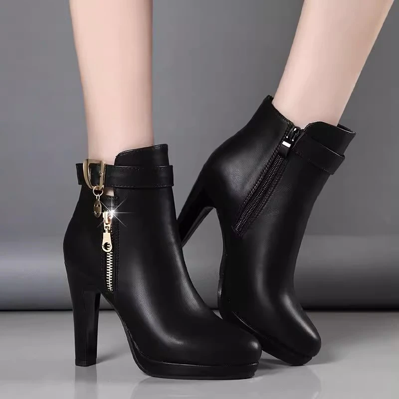

Shoes Female 2023 New PU Women's Boots Ankle Modern Boots Women Side Zipper Belt Buckle Metal Decoration High Heel Ladies Shoes