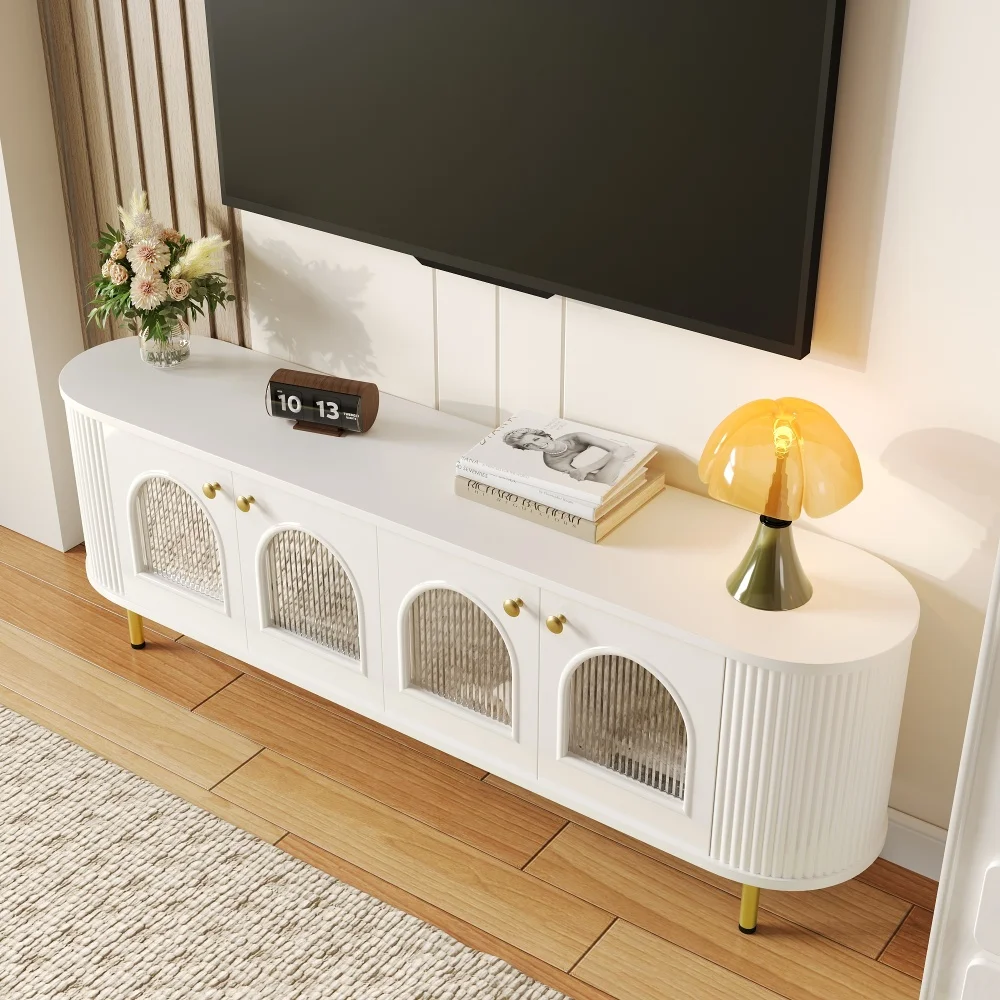 Moderner TV-Schrank mit niedrigem Brett und Glastüren | Praktischer Aufbewahrungsorganisator mit goldenen Griffen und Beinen | Elegante Wohnmöbel – Detail 19