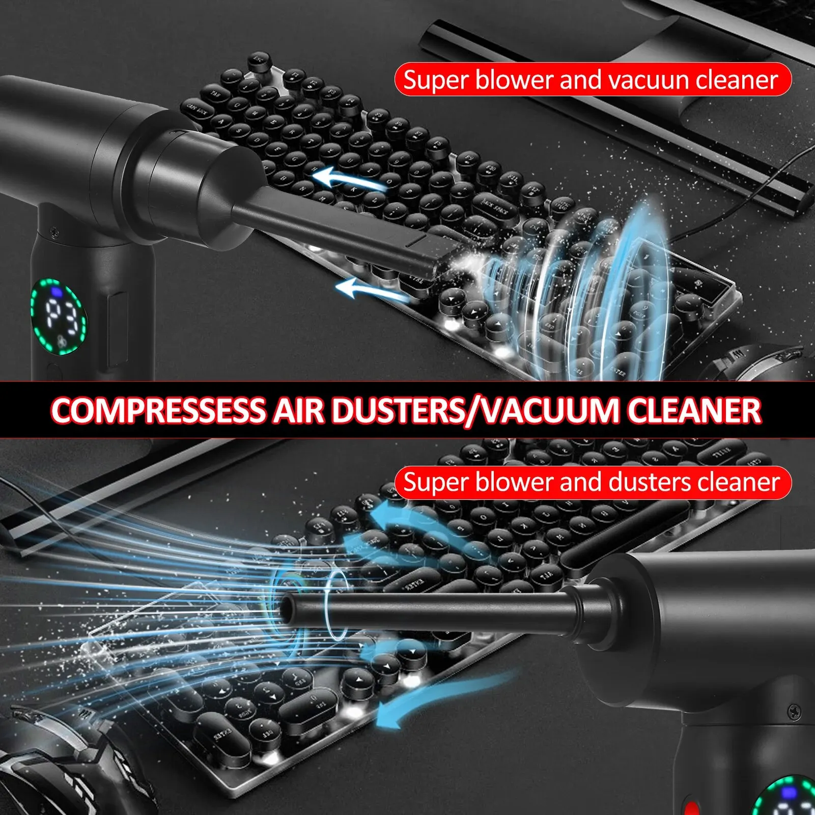 Cordless Air Duster com Luz de Emergência, Inflator Elétrico, Dust Blower, Ferramenta de Limpeza, Ar Comprimido, 100W, 7500mAh