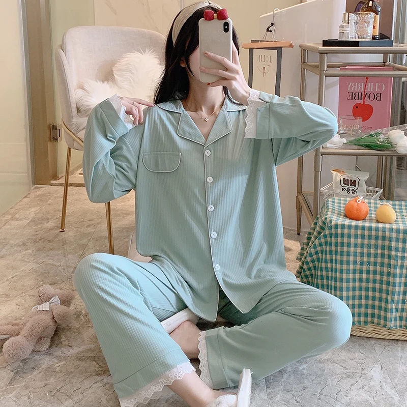 Pajamas Women's Spring New Home Wear Knitted Cotton Long Sleeve Set Cardigan Little lapel Girls' Pajamas Casual Evening Dress