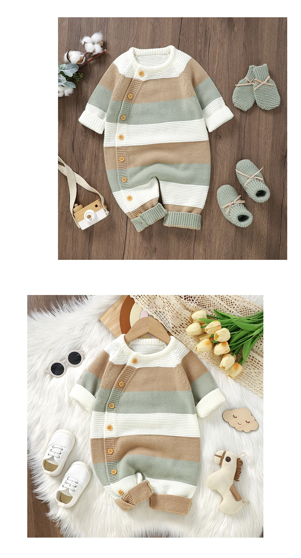 Baby Stram pler Herbst Rundhals ausschnitt Langarm Strick Neugeborene Jungen Overalls einteilig Winter Kleinkind Unisex Spiel anzüge 0-18m tragen – Detail 10