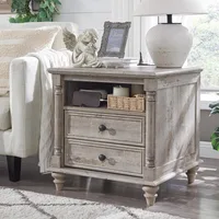 24'' Farmhouse End Table w/4 Solid Wood Feet, Large 2 Drawers Wide Sofa Side Table with Charging Station, Tall Rustic Wood Squa 1