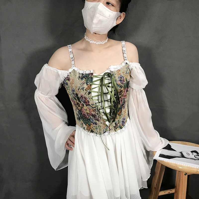 

western style retro crop top broken flowers slim slimming lace corset Women's tube top Camisole vintage cloth Bandage