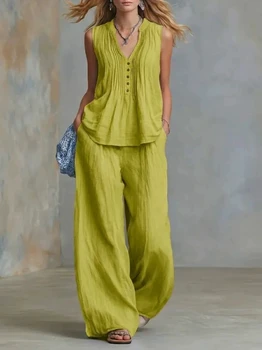 Plus Size Women's Fashion Solid Color Sleeveless Two Piece Set V-neck Shrink Fold Loose Pants Casual Lounge Matching Set