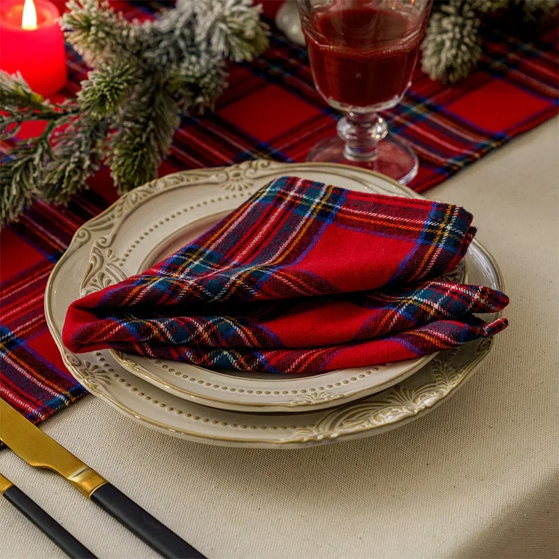 4PCS Weihnachtsdekoration Plaid Serviette Gewebt Polyester Baumwolle Rot Grün Tischsets für Home Party Weihnachten Restaurant Esszimmer Dekor – Detail 4