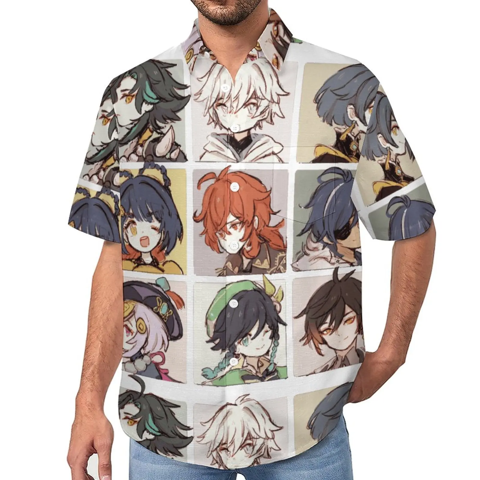 

Genshin Impact Characters Chibi Assemble Loose Shirt Male Vacation Genshin Impact Casual Shirts Summer Short-Sleeve Fun Blouses