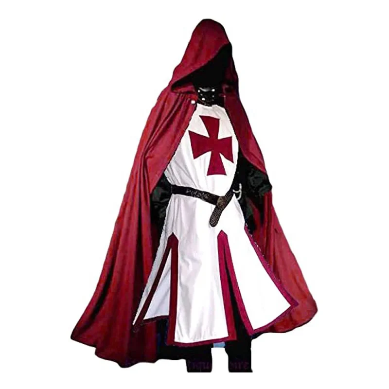 

Mens Medieval Crusader Knights Templar Tunic Costumes Renaissance Halloween Surcoat Warrior Black Plague Cloak Cosplay Top S-3XL