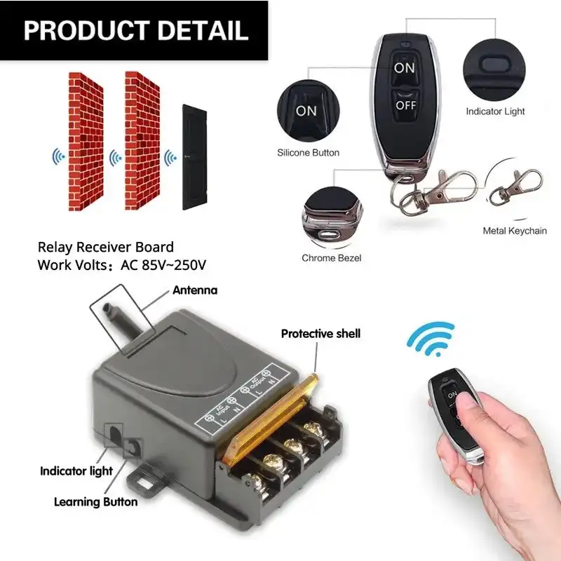 

Wireless Remote Control Switch and Receiver Kit Without Wiring for Light Lamp Water Pump Door Access System