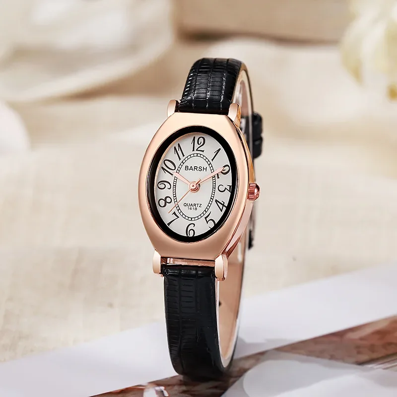 Vintage Classic Small Oval Number Dial Quartz Watches Brown Leather Band Wristwatch for Ladies Gifts