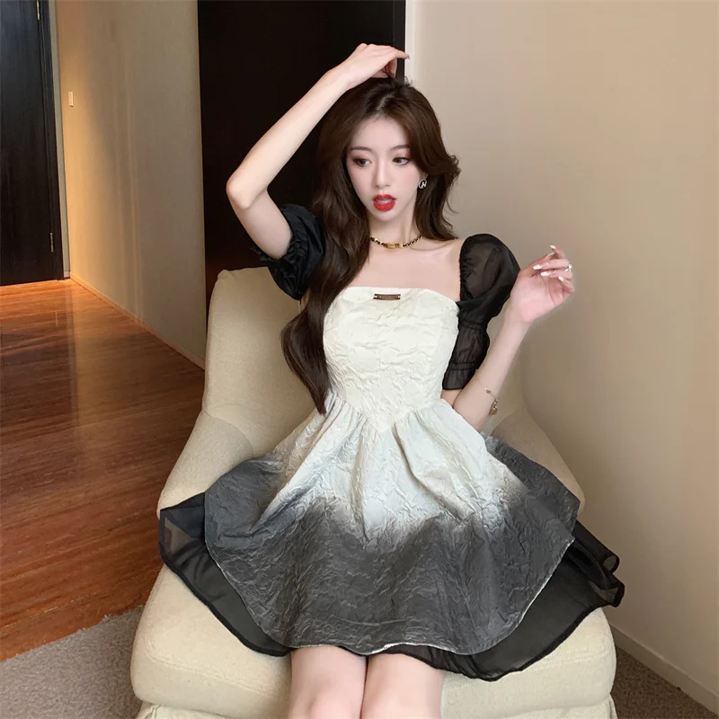 

2023 Gradient Color Mini Dress Women Elegant Mesh Puff Sleeve High Waist Vestido De Mujer Korean Fashion Sweet Dresses
