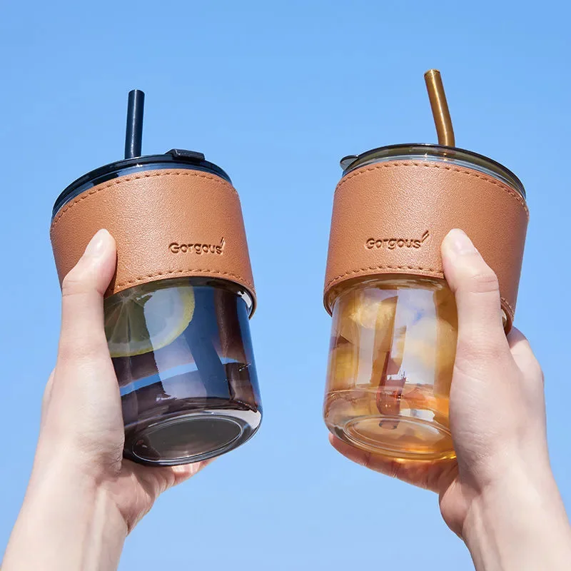 Retro Glasses High-grade Heat-resistant Glass With Lid And Straw Stackable  Slub Water Cup Tea Milk Cup Creative Coffee Mug