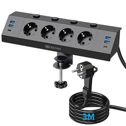 Enhanced Multi - Plug Power Strip with Desktop Clamp and USB Ports - 3 meters black