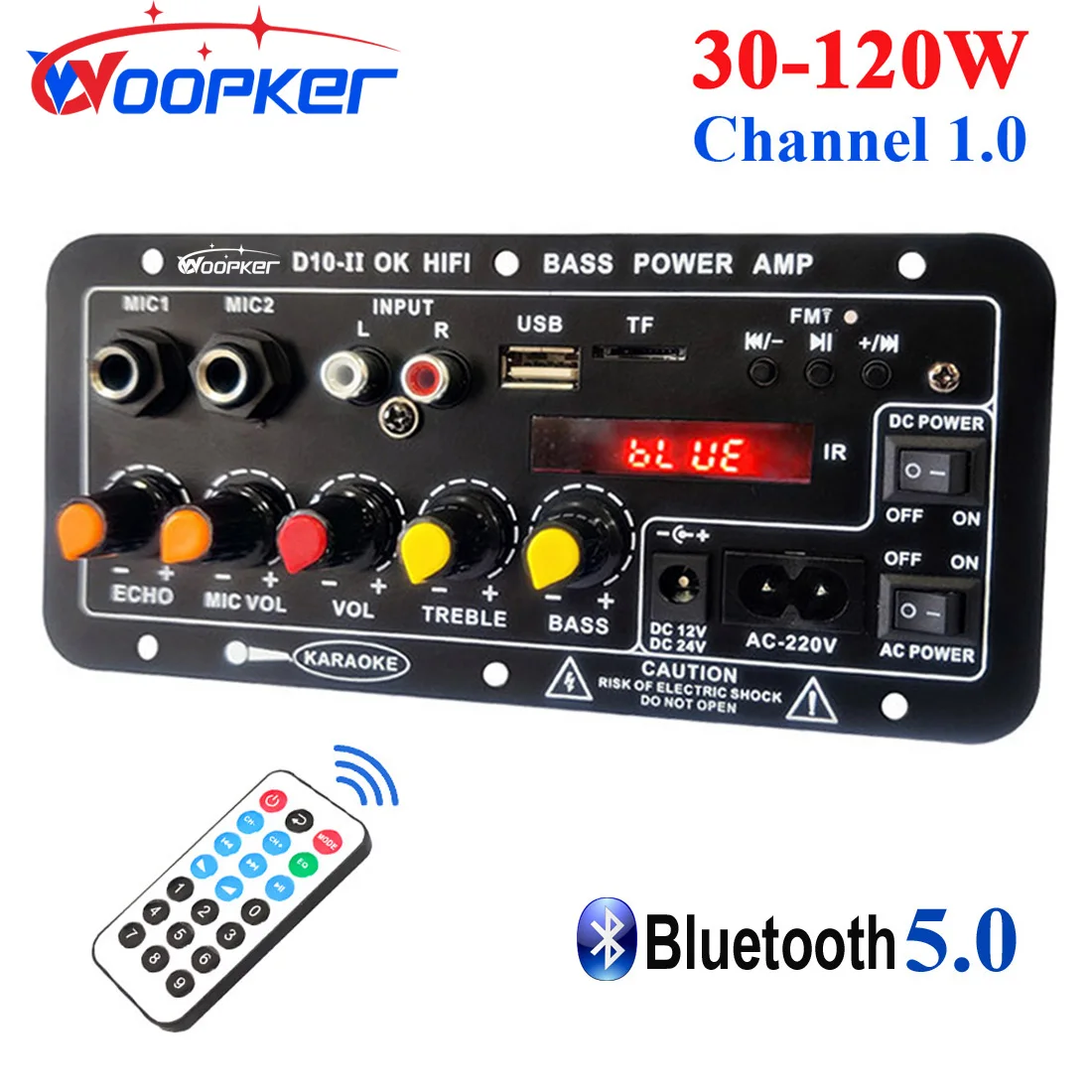 Woopker Audio Amplifier Board D10/ D10-II with Bluetooth AUX USB 30-120W for 4 Ohm Speaker 110V-220V 12V/24V Power AMP Module