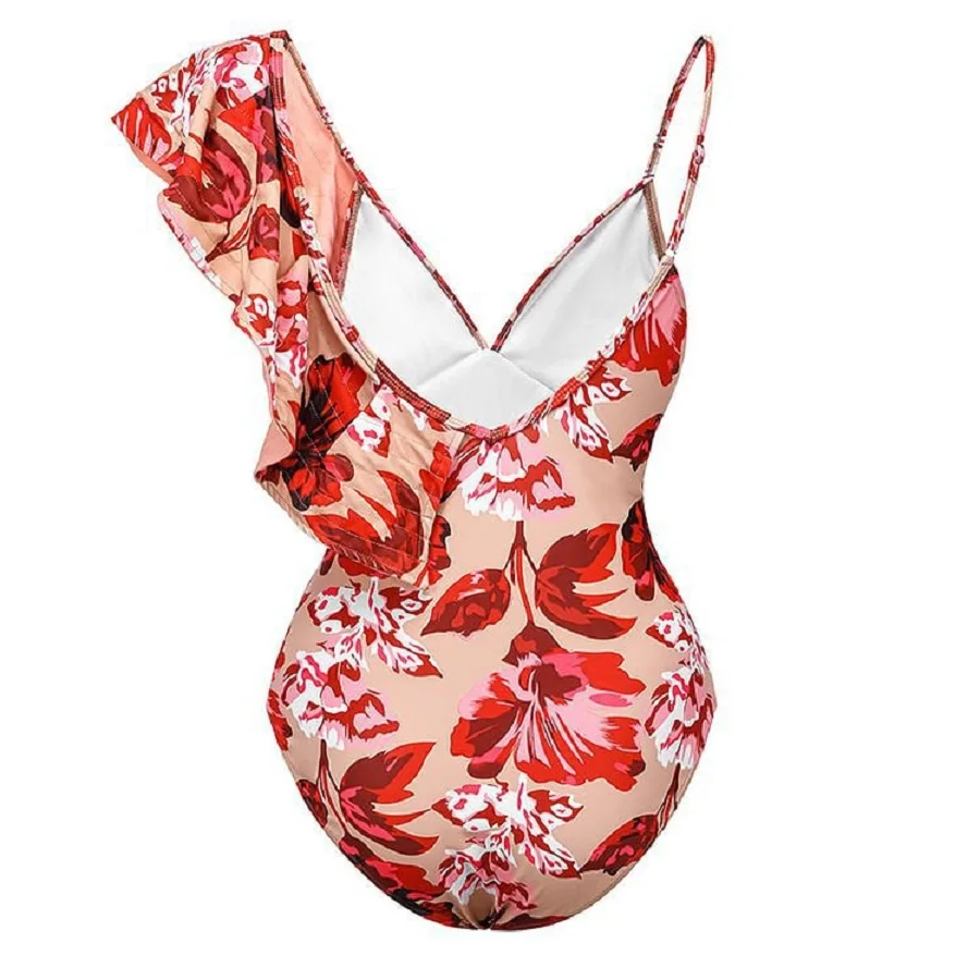 Sexy Backless Ruffled One Piece Wwimsuit Women 2023 Red High Waisted Fashionable Printed Swimsuit Set with Mesh Wrapped Skirt