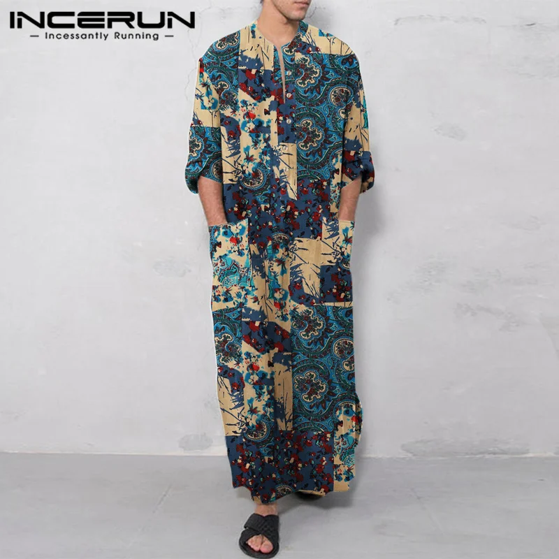 INCERUN 2023 Casual Simple New Men Robe Muslim Style Hot Sale Male Loose Comfortable Ethnic Printed Long-style Jubba Thobe S-5XL