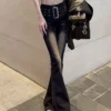 Women's High Waist Bell Bottom Jeans Gradient Color Elastic Floor Length Pants Vintage Style Mid Waist Flare Leg Jeans