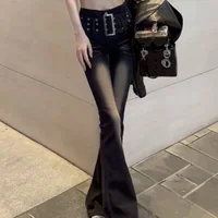 Women's High Waist Bell Bottom Jeans Gradient Color Elastic Floor Length Pants Vintage Style Mid Waist Flare Leg Jeans