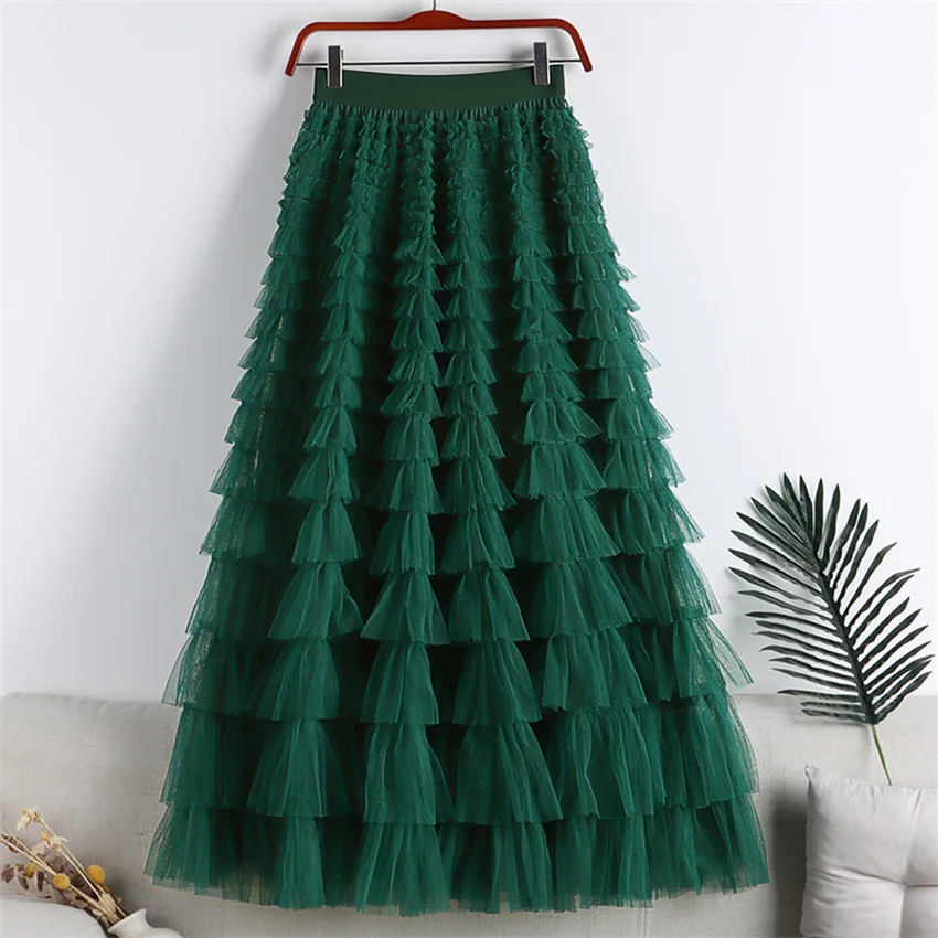 

Gowyimmes 2023 New Fashion Big Size Women Mesh Cake Skirt Elegant Slim Girl High Waist A-line Skirts Bottomings Mujer Midi P1557