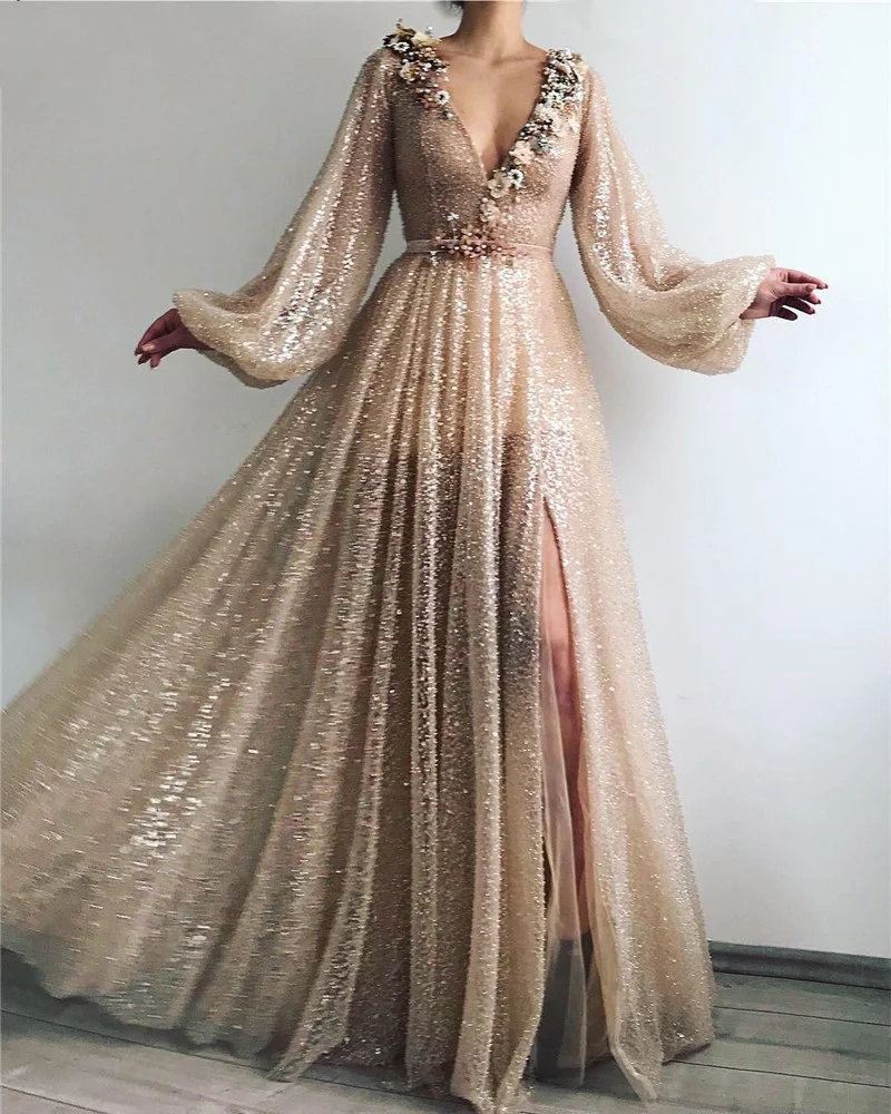 

Duricve Glitter Gold Sexy Formal Dress Floral V-neck Sequined A-line Dubai Arabian Long Sleeve Evening Gown فساتين مناسبة رسم