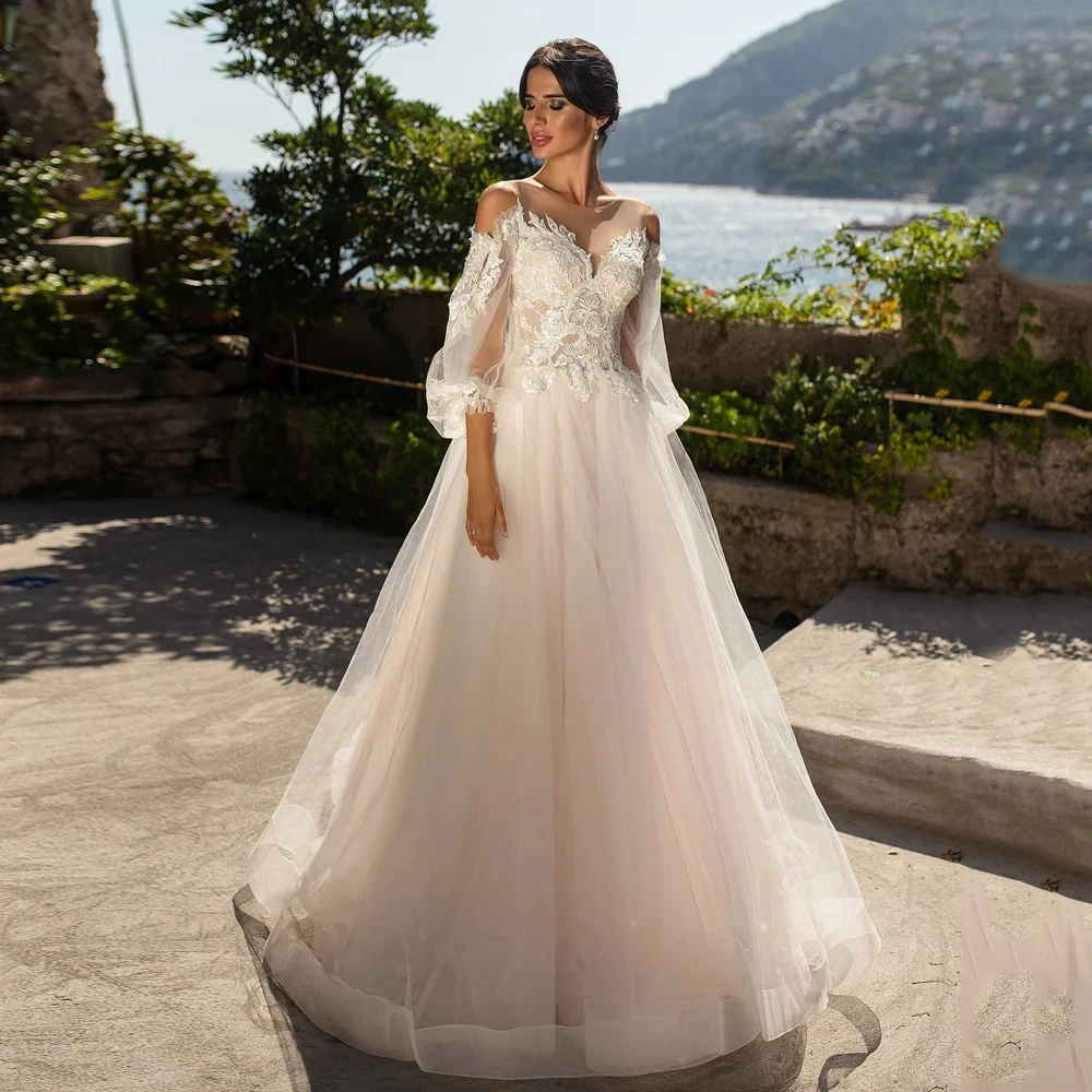 

Sheer O Neck Puff Sleeves Vestidos De Novia A Line Sweep Train Wedding Dresses Appliques Vestido De Noiva