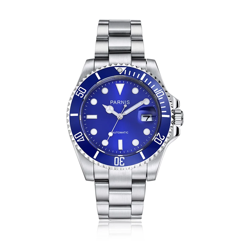 

Parnis 40mm Blue Dial Mechanical Automatic Men Miyota 8215 Watch Calendar Sapphire Crystal Stainless Steel Men's Watches reloj