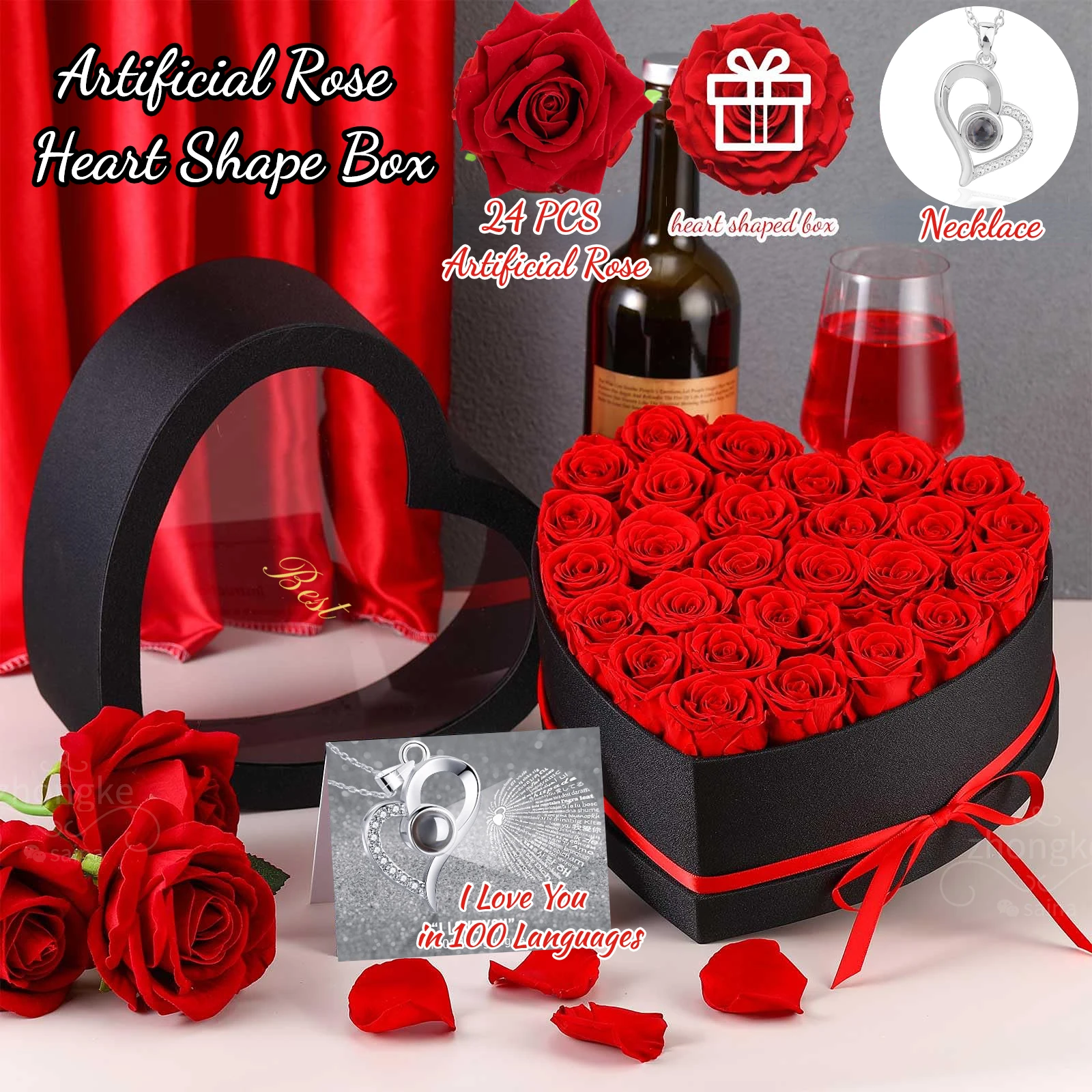 24pcs Artificial Rose Bouquet Heart Shape Rose Gift Box 100 Languages I ...