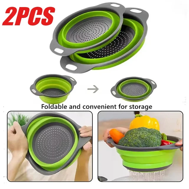 Panier égouttoir pliant en Silicone, 2 pièces, passoire pliable pour fruits et légumes, passoire de cuisine pour aliments, pâtes, ustensiles de cuisine, dispositif de vidange 1